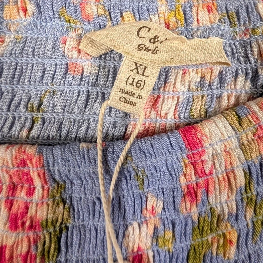 C & V Girls Floral Smocked Peasant Tops Lot of 3 Pink Blue Cream Boho Size XL - Picture 10 of 16